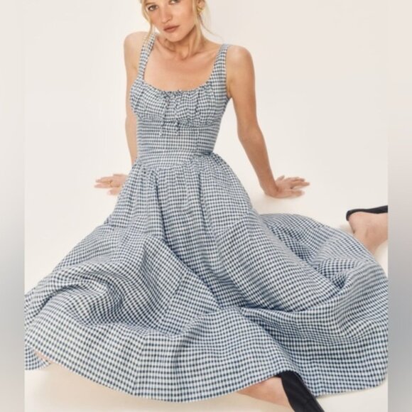 NEW Reformation Balia Midi Linen Dress in Slate Check Plaid Navy White | size 4 - Picture 3 of 16